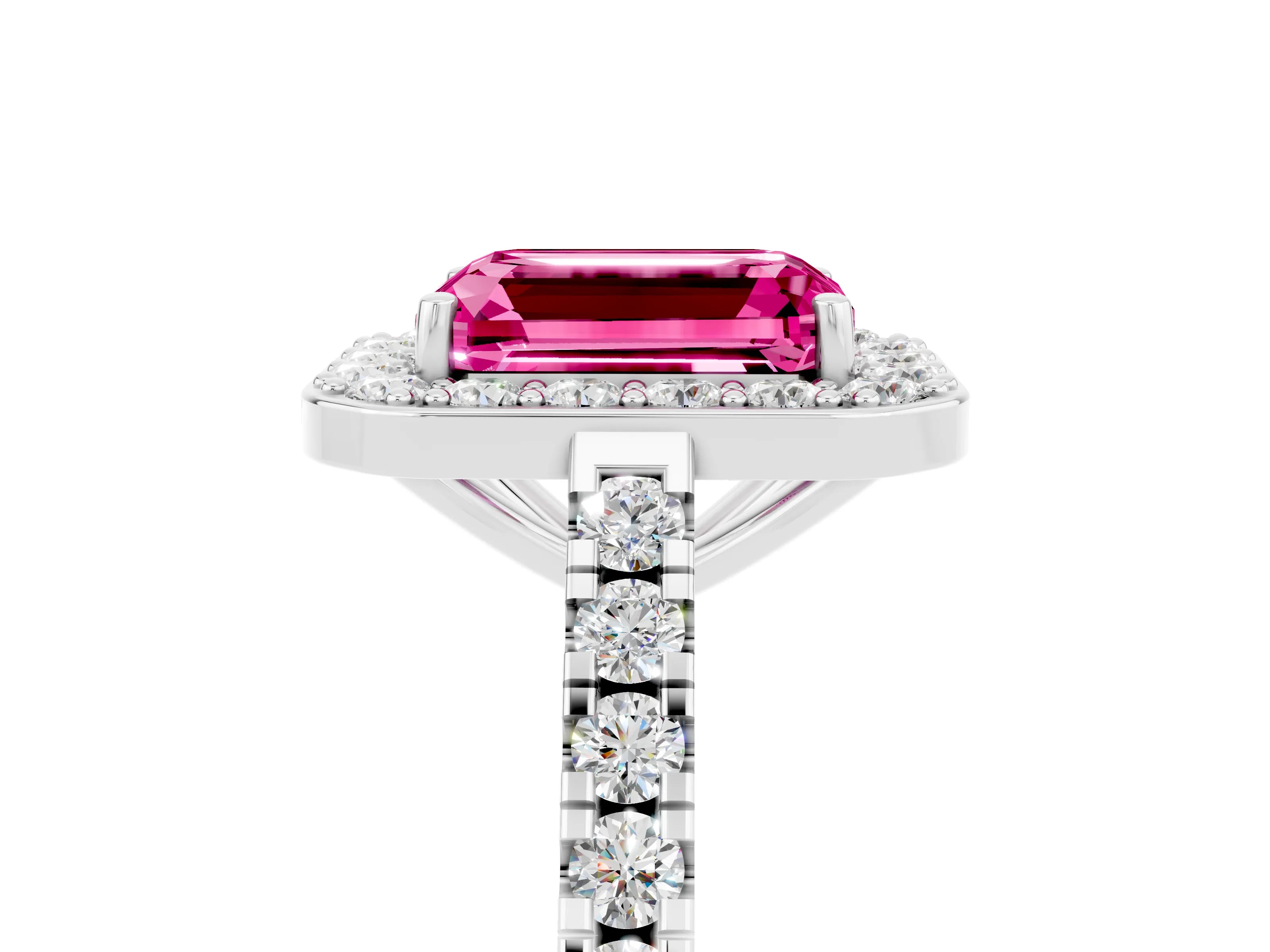 White gold Emerald Cut Halo Diamond Ring with Pavé Band and Three-Prong Setting_5