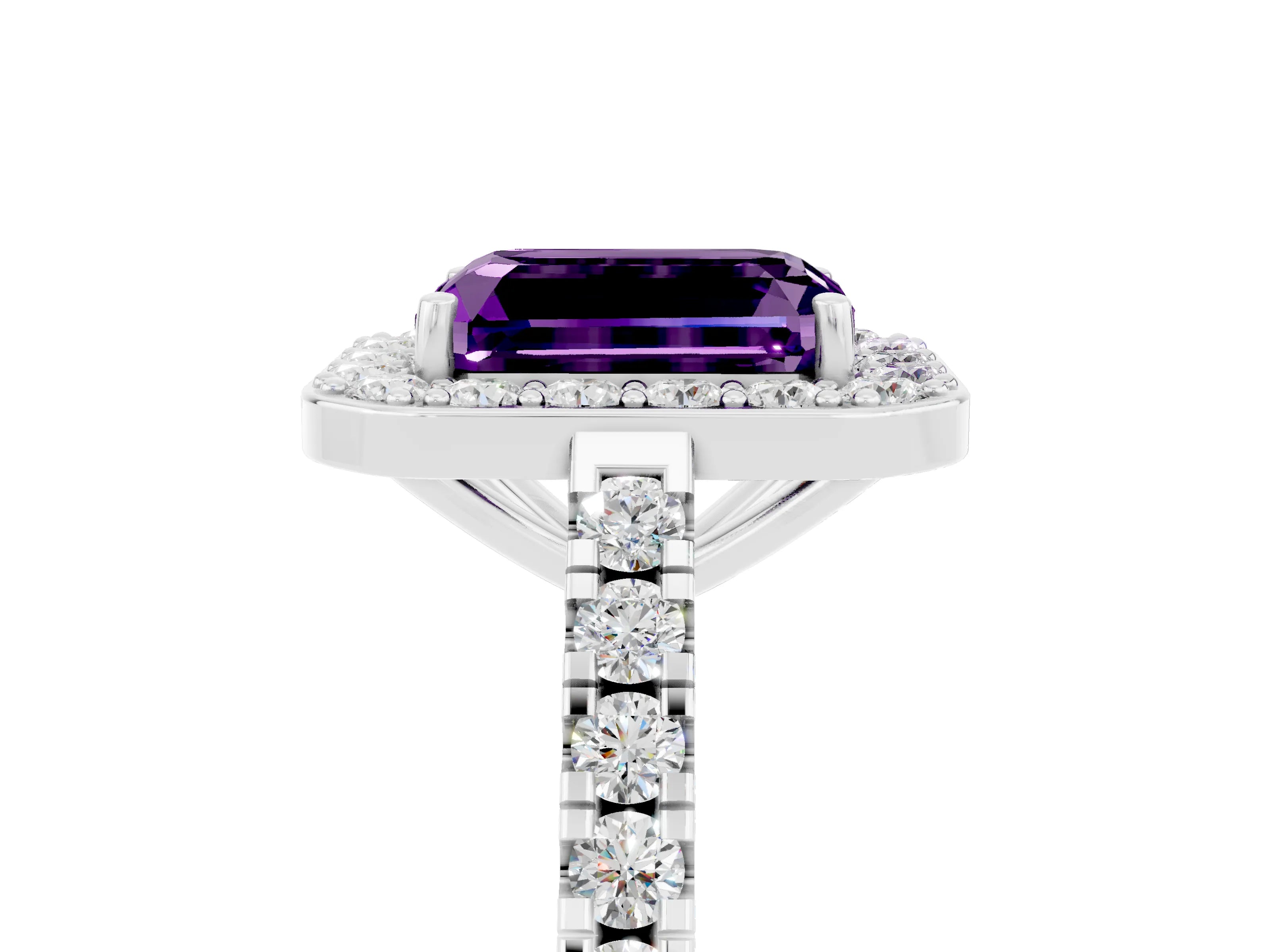 White gold Emerald Cut Halo Diamond Ring with Pavé Band and Three-Prong Setting_5