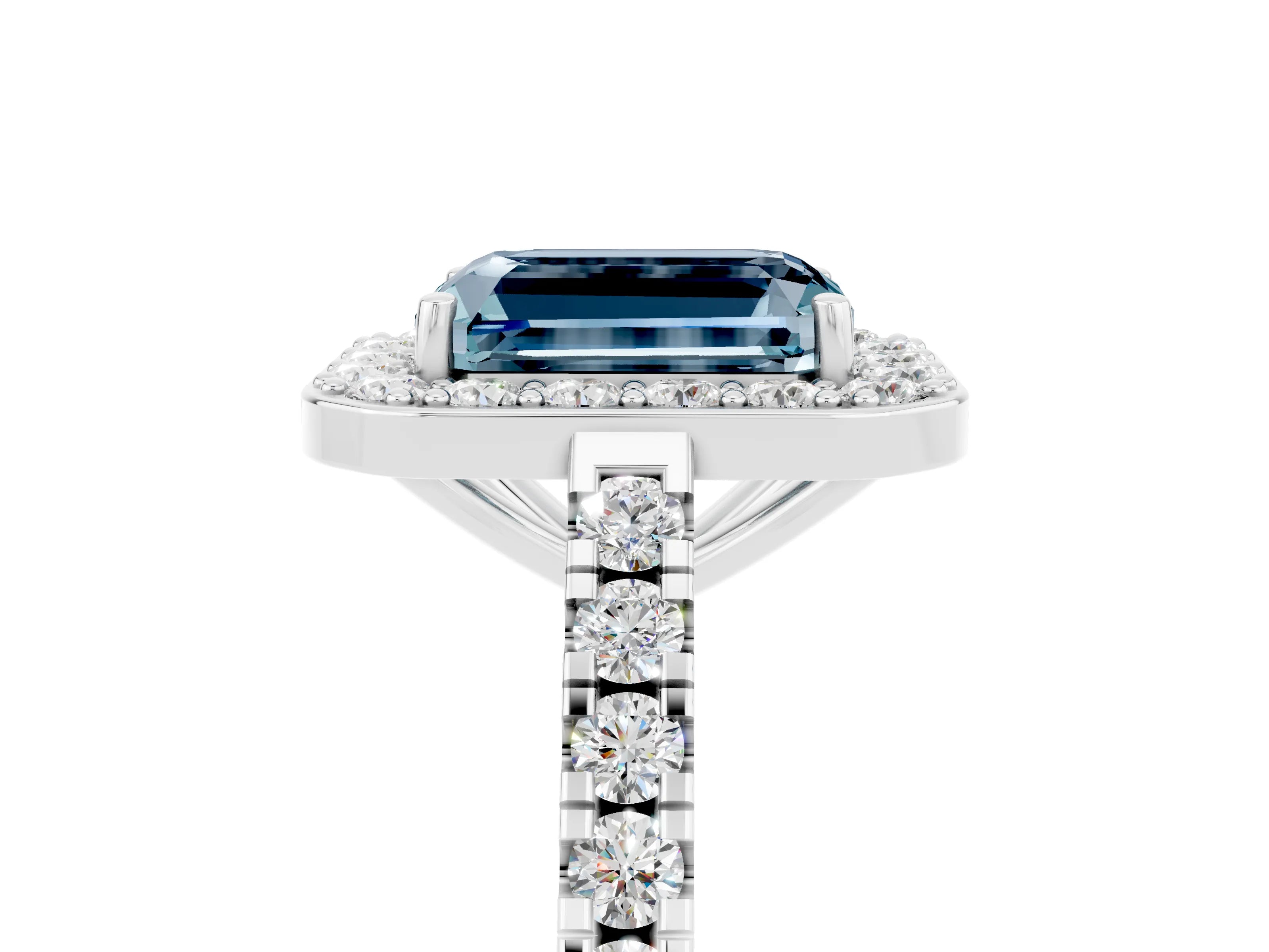 White gold Emerald Cut Halo Diamond Ring with Pavé Band and Three-Prong Setting_5