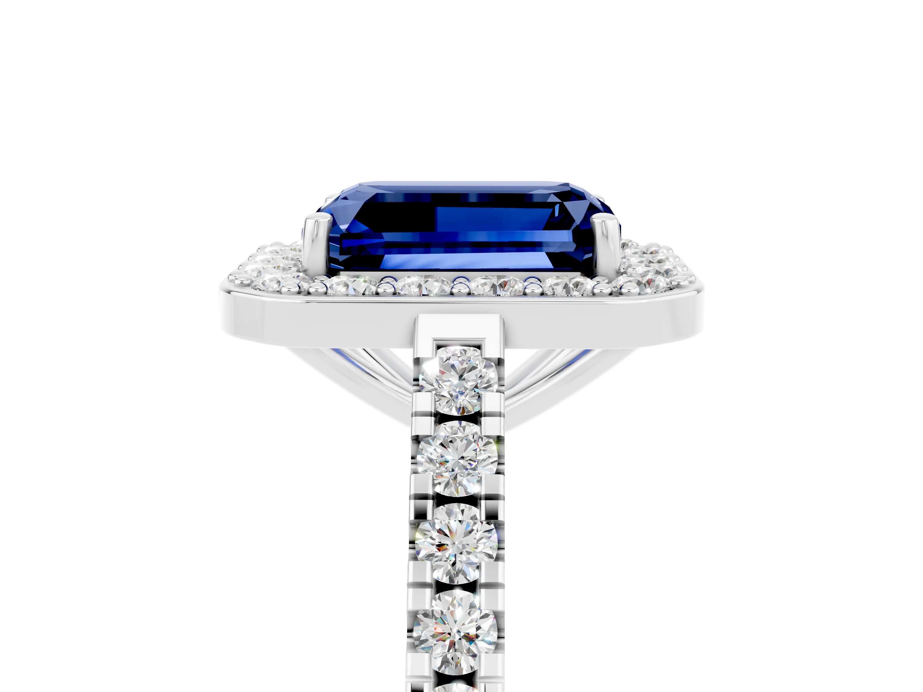 White gold Emerald Cut Halo Diamond Ring with Pavé Band and Three-Prong Setting_5