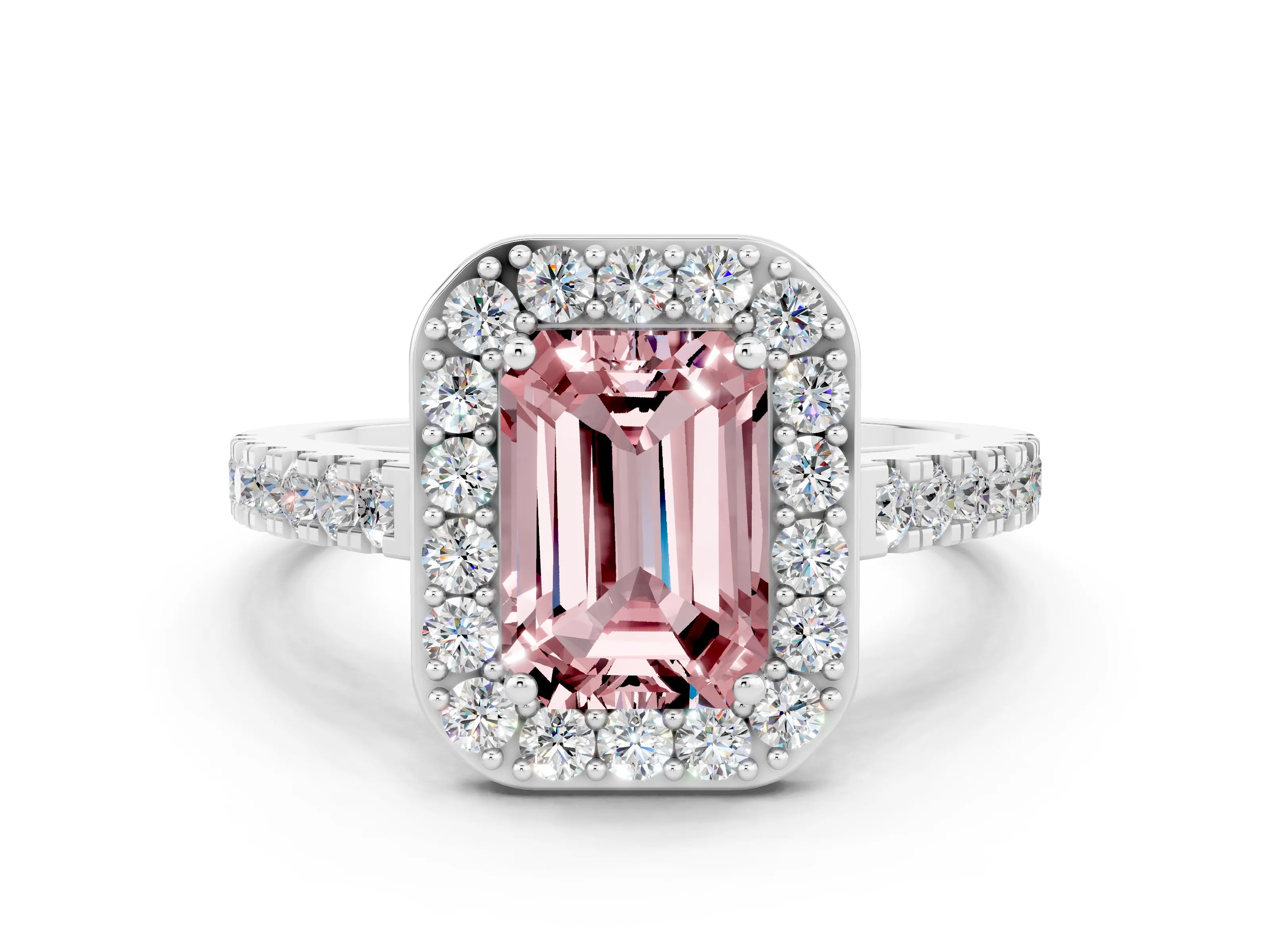 White gold Emerald Cut Halo Diamond Ring with Pavé Band and Three-Prong Setting
