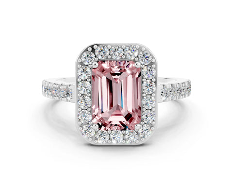 White gold Emerald Cut Halo Diamond Ring with Pavé Band and Three-Prong Setting