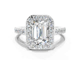 White gold Emerald Cut Halo Diamond Ring with Pavé Band and Three-Prong Setting