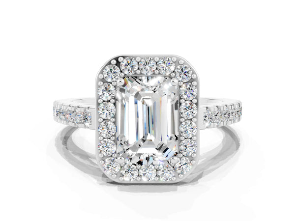 Platinum Emerald Cut Moissanite Halo Ring with Round Pavé Split Shank and Prong Setting