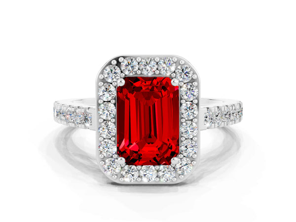 Silver Emerald Cut Ruby Halo Ring with Round Pavé Split Shank and Prong Setting