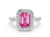 White gold Emerald Cut Halo Diamond Ring with Pavé Band and Three-Prong Setting