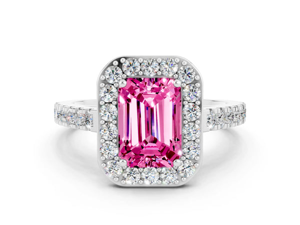 Platinum Emerald Cut Pink Sapphire Halo Ring with Round Pavé Split Shank and Prong Setting