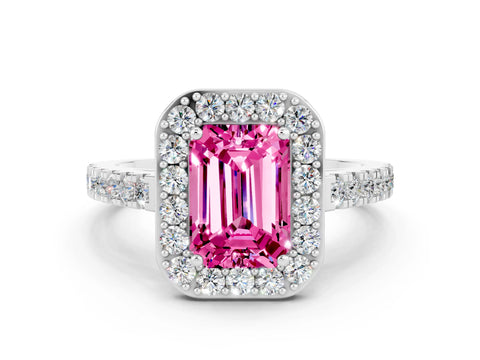 White gold Emerald Cut Halo Diamond Ring with Pavé Band and Three-Prong Setting
