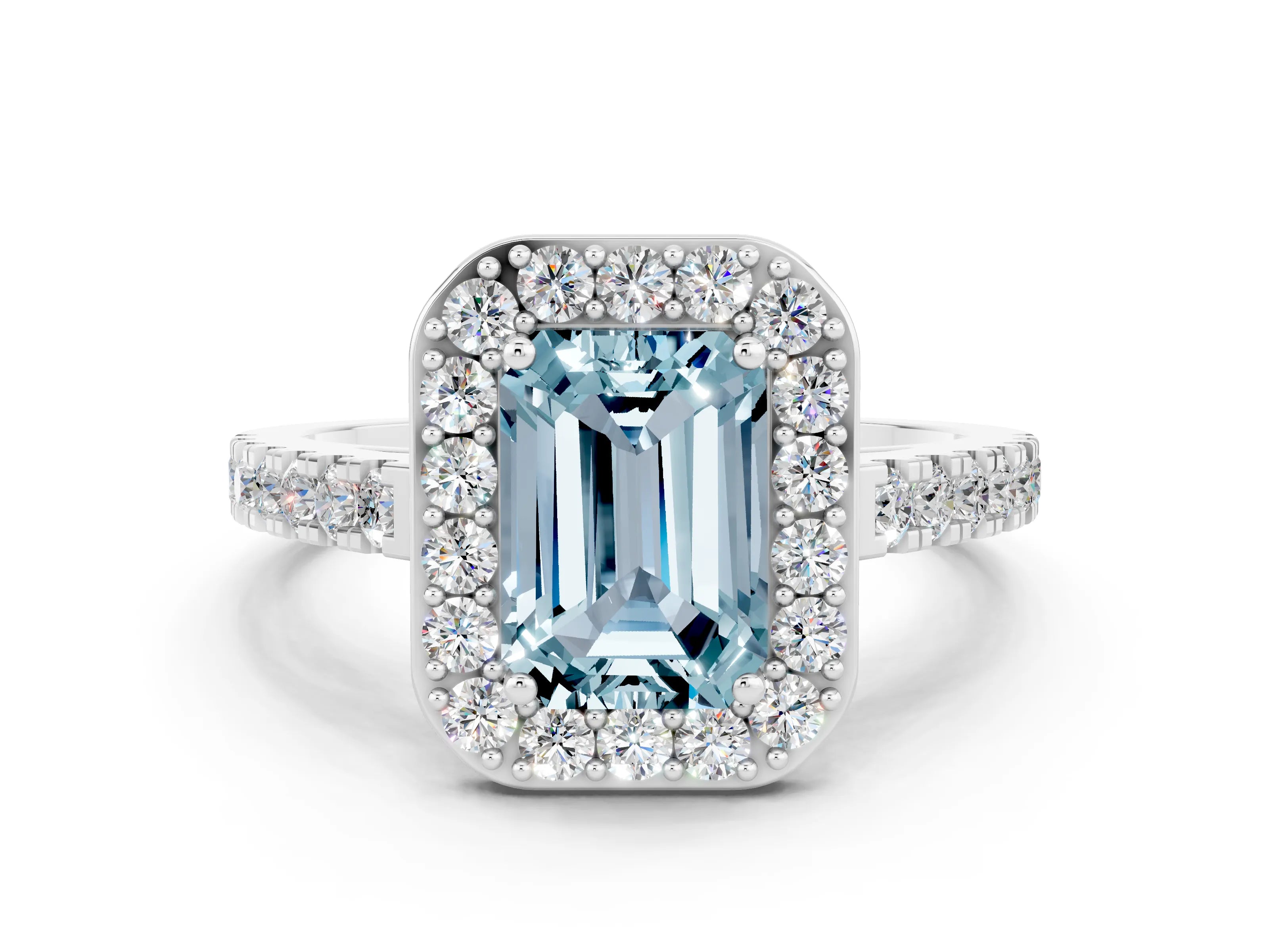 White gold Emerald Cut Halo Diamond Ring with Pavé Band and Three-Prong Setting_6