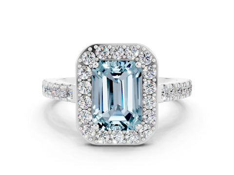 White gold Emerald Cut Halo Diamond Ring with Pavé Band and Three-Prong Setting_6