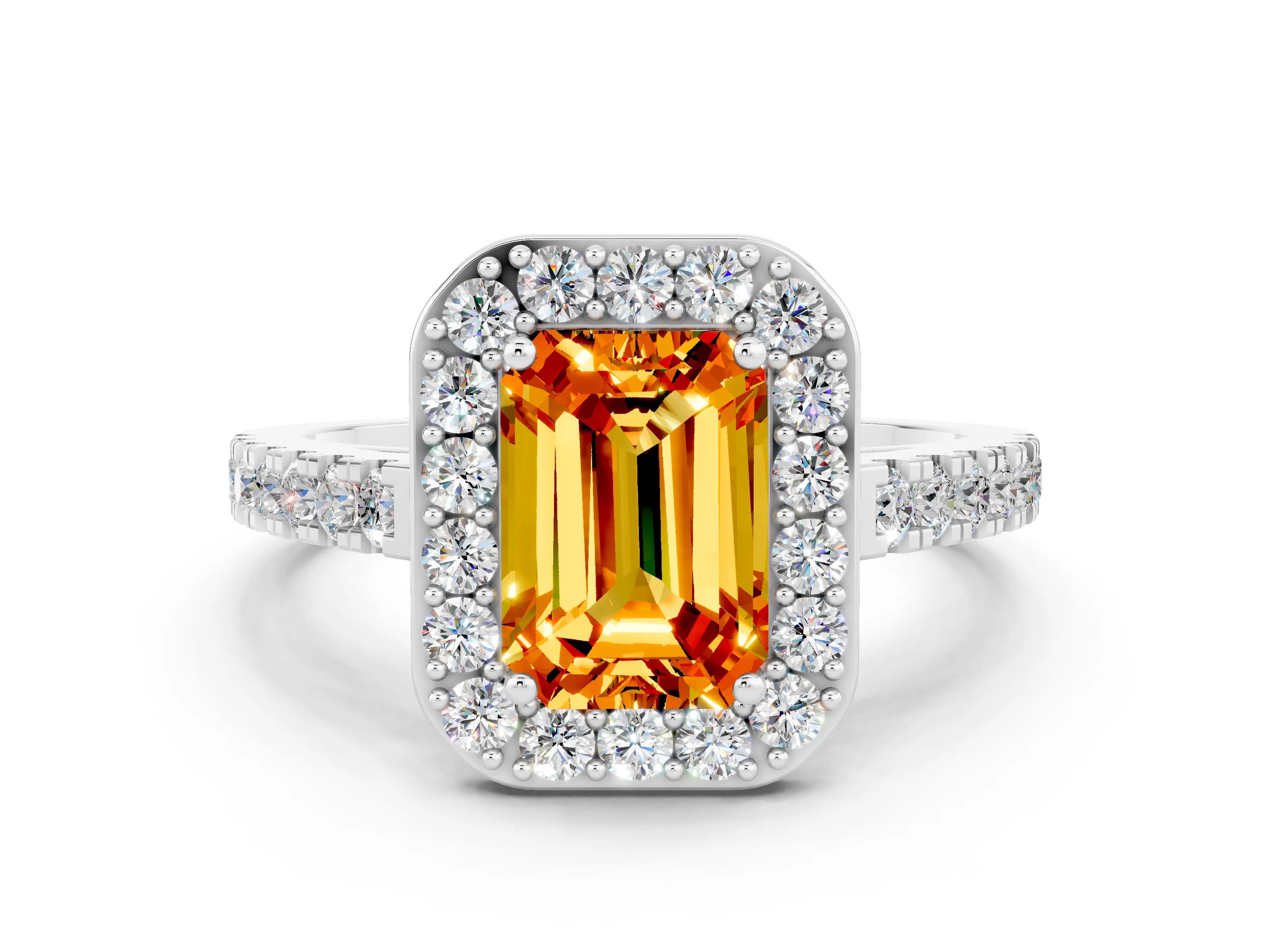 White gold Emerald Cut Halo Diamond Ring with Pavé Band and Three-Prong Setting