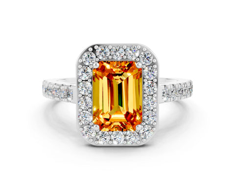 White gold Emerald Cut Halo Diamond Ring with Pavé Band and Three-Prong Setting