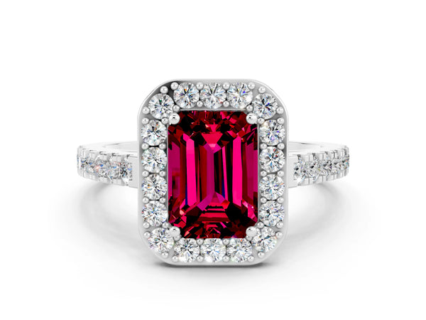 Platinum Emerald Cut Garnet Halo Ring with Round Pavé Split Shank and Prong Setting