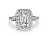 White gold Emerald Cut Halo Diamond Ring with Pavé Band and Three-Prong Setting_78