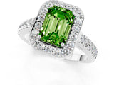 White gold Emerald Cut Halo Diamond Ring with Pavé Band and Three-Prong Setting_7
