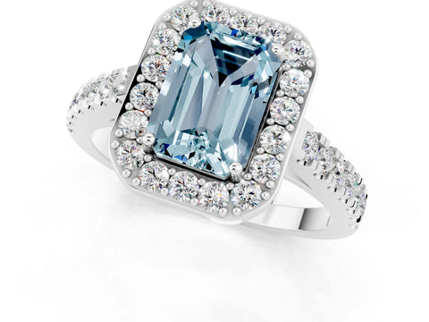 White gold Emerald Cut Halo Diamond Ring with Pavé Band and Three-Prong Setting_7