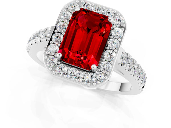 White gold Emerald Cut Ruby Halo Ring with Round Pavé Split Shank and Prong Setting