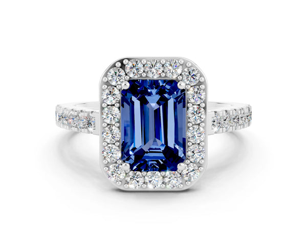 White gold Emerald Cut Blue Sapphire Halo Ring with Round Pavé Split Shank and Prong Setting