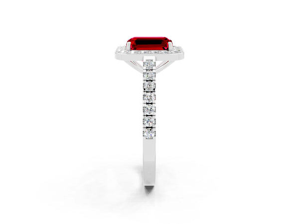 White gold Emerald Cut Ruby Halo Ring with Round Pavé Split Shank and Prong Setting