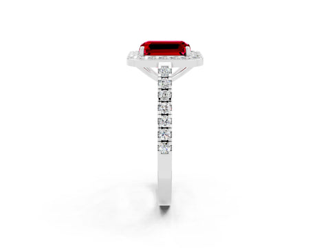 White gold Emerald Cut Halo Diamond Ring with Pavé Band and Three-Prong Setting_8