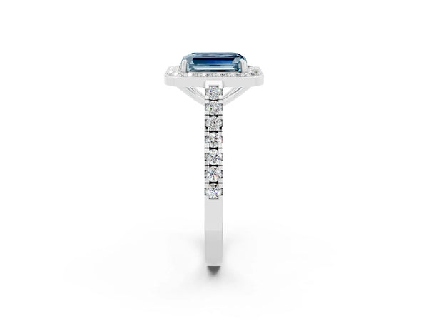 White gold Emerald Cut Aquamarine Halo Ring with Round Pavé Split Shank and Prong Setting
