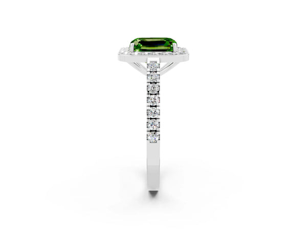 White gold Emerald Cut Halo Diamond Ring with Pavé Band and Three-Prong Setting