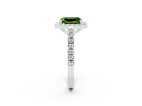 White gold Emerald Cut Halo Diamond Ring with Pavé Band and Three-Prong Setting_8