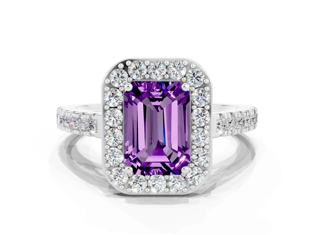 White gold Emerald Cut Halo Diamond Ring with Pavé Band and Three-Prong Setting