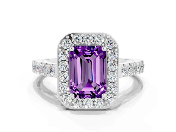 White gold Emerald Cut Amethyst Halo Ring with Round Pavé Split Shank and Prong Setting