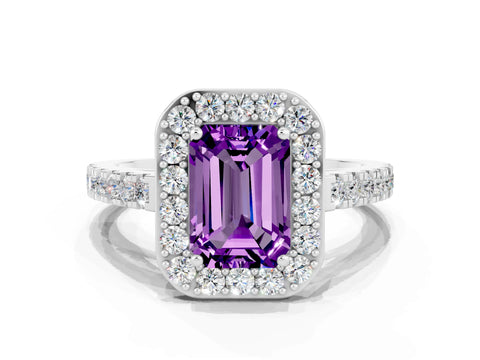 White gold Emerald Cut Halo Diamond Ring with Pavé Band and Three-Prong Setting