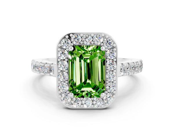 Silver Emerald Cut Halo Diamond Ring with Pavé Band and Three-Prong Setting