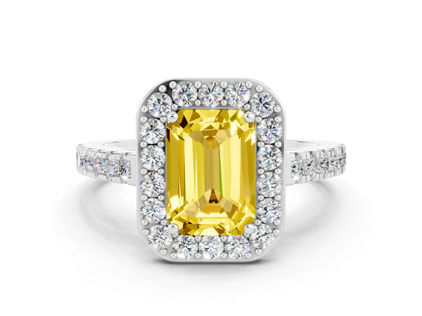 Silver Emerald Cut Yellow Sapphire Halo Ring with Round Pavé Split Shank and Prong Setting