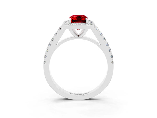 White gold Emerald Cut Ruby Halo Ring with Round Pavé Split Shank and Prong Setting