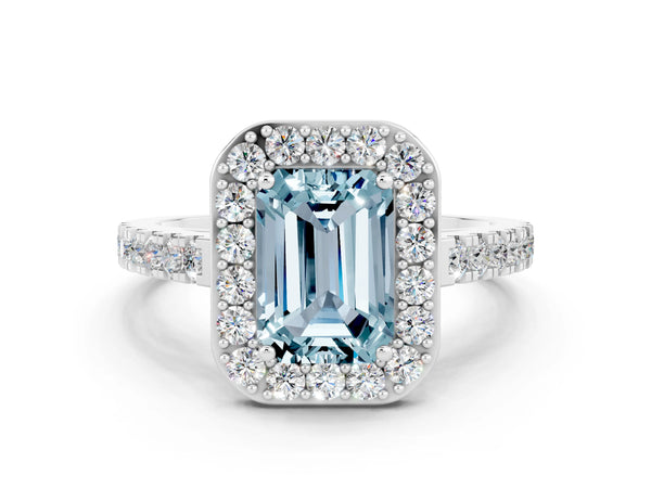 Silver Emerald Cut Aquamarine Halo Ring with Round Pavé Split Shank and Prong Setting