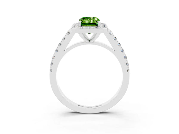 White gold Emerald Cut Halo Diamond Ring with Pavé Band and Three-Prong Setting