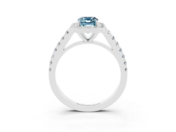 White gold Emerald Cut Aquamarine Halo Ring with Round Pavé Split Shank and Prong Setting