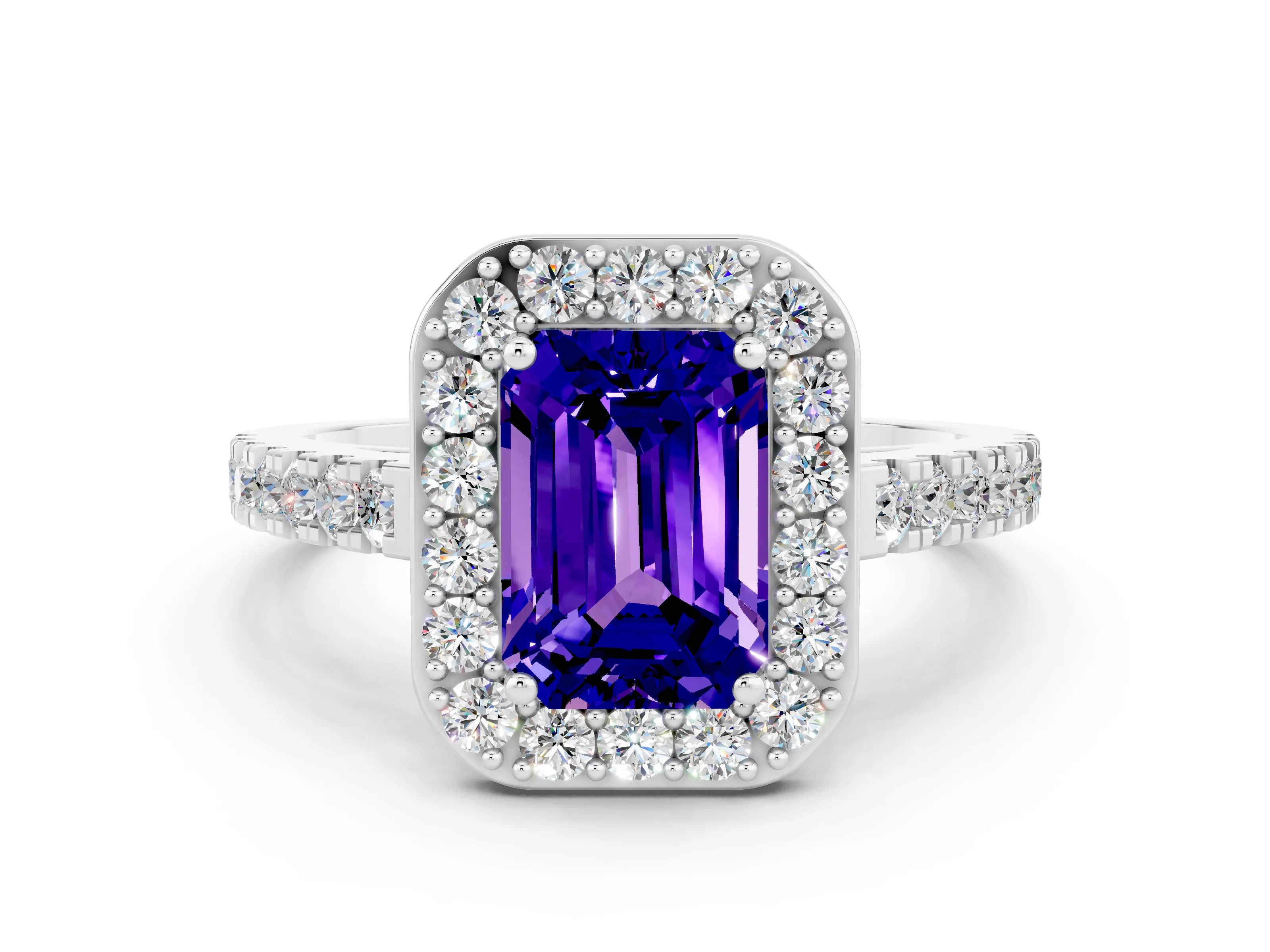 White gold Emerald Cut Halo Diamond Ring with Pavé Band and Three-Prong Setting