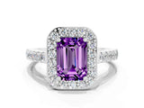 White gold Emerald Cut Halo Diamond Ring with Pavé Band and Three-Prong Setting