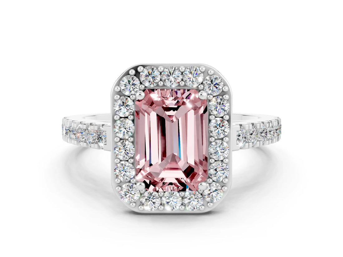 White gold Emerald Cut Halo Diamond Ring with Pavé Band and Three-Prong Setting