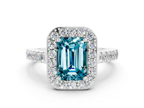 White gold Emerald Cut Halo Diamond Ring with Pavé Band and Three-Prong Setting