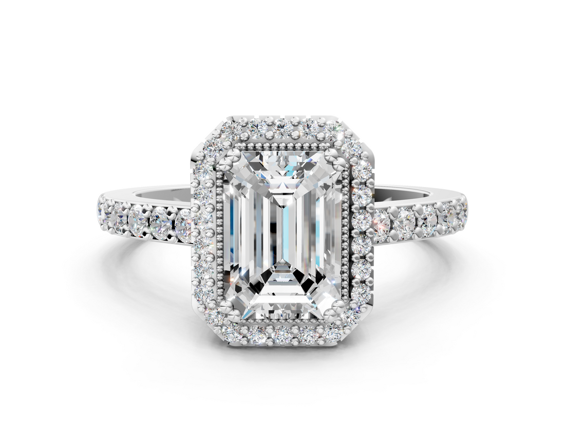 White gold Emerald Cut Halo Diamond Ring with Pave Band and Four-Prong Setting_49