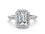 White gold Emerald Cut Halo Diamond Ring with Pave Band and Four-Prong Setting_49