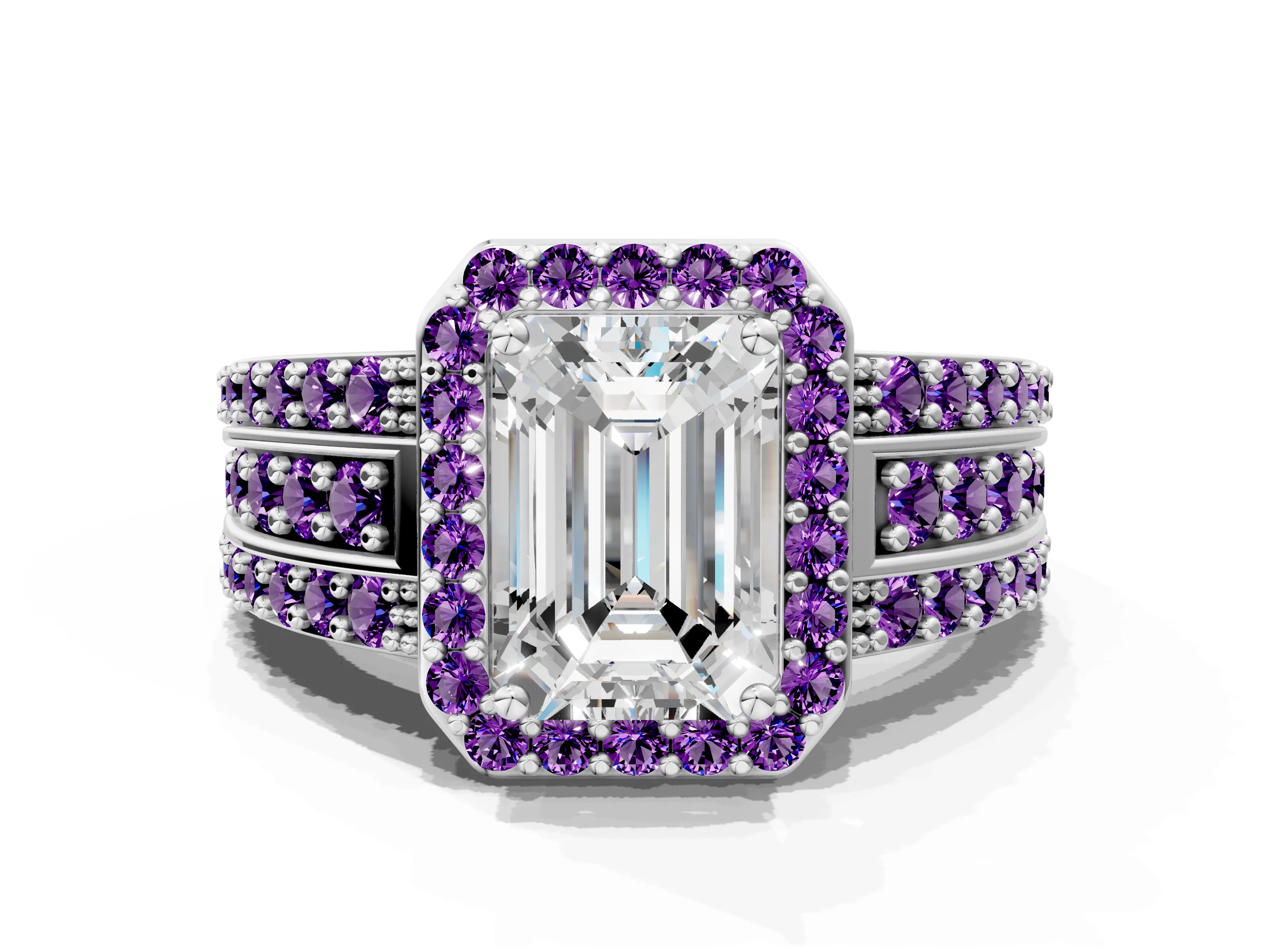 White gold Emerald Cut Halo Diamond Ring with Round with Amethyst side stone Split Shank and Prong Setting_36