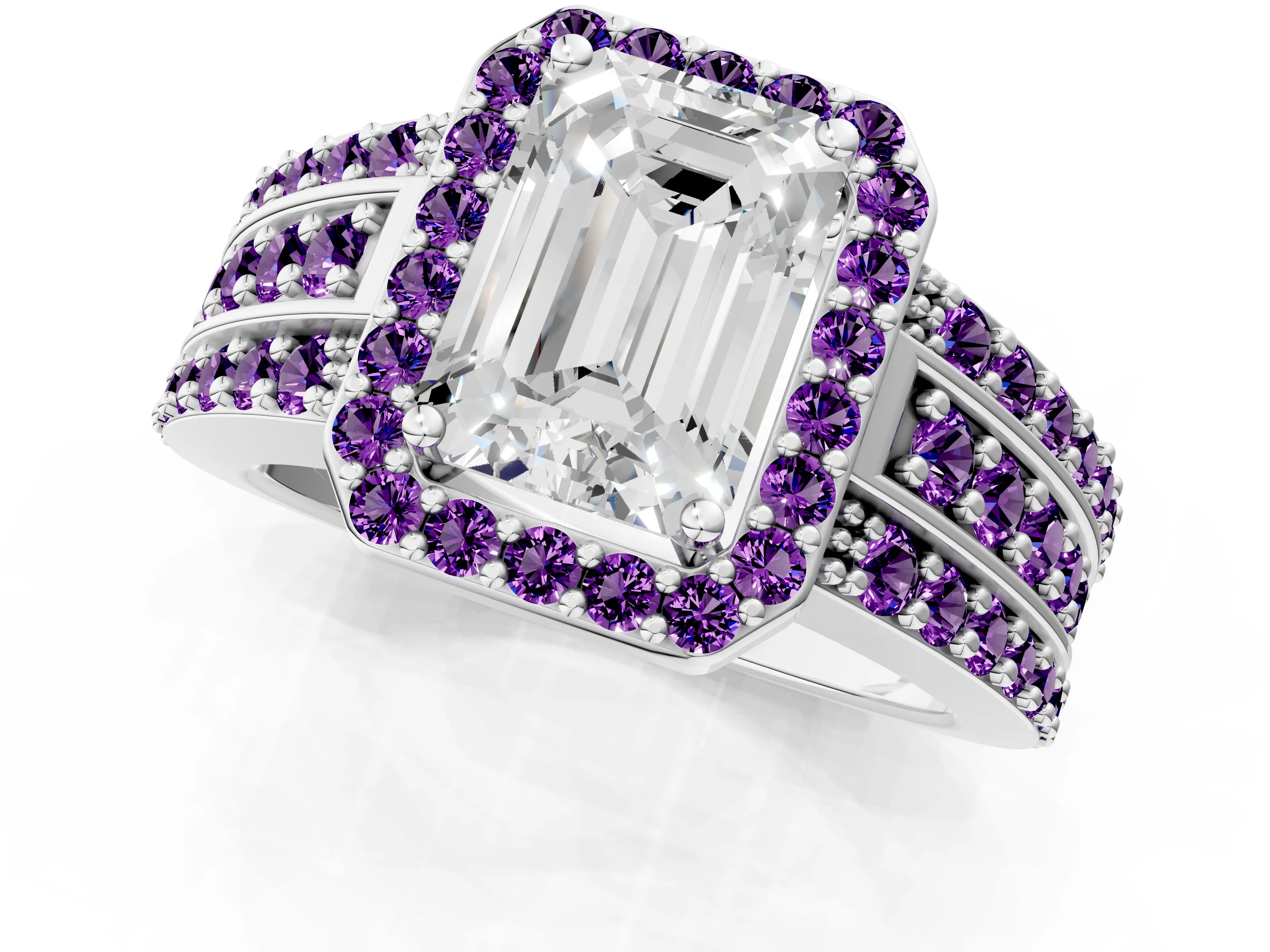White gold Emerald Cut Halo Diamond Ring with Round with Amethyst side stone Split Shank and Prong Setting_37