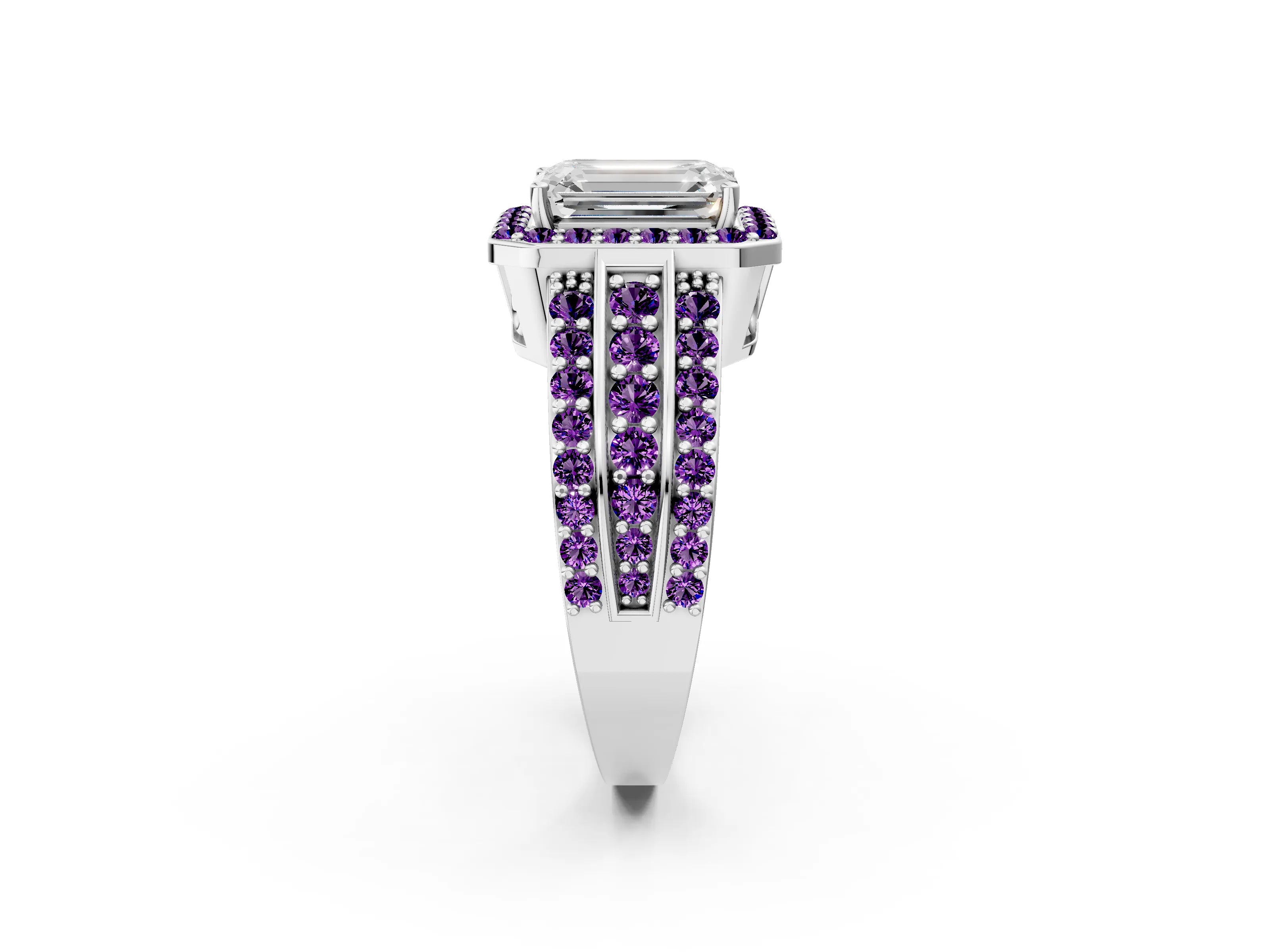 White gold Emerald Cut Halo Diamond Ring with Round with Amethyst side stone Split Shank and Prong Setting_38