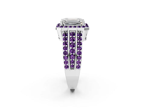 White gold Emerald Cut Halo Diamond Ring with Round with Amethyst side stone Split Shank and Prong Setting_38
