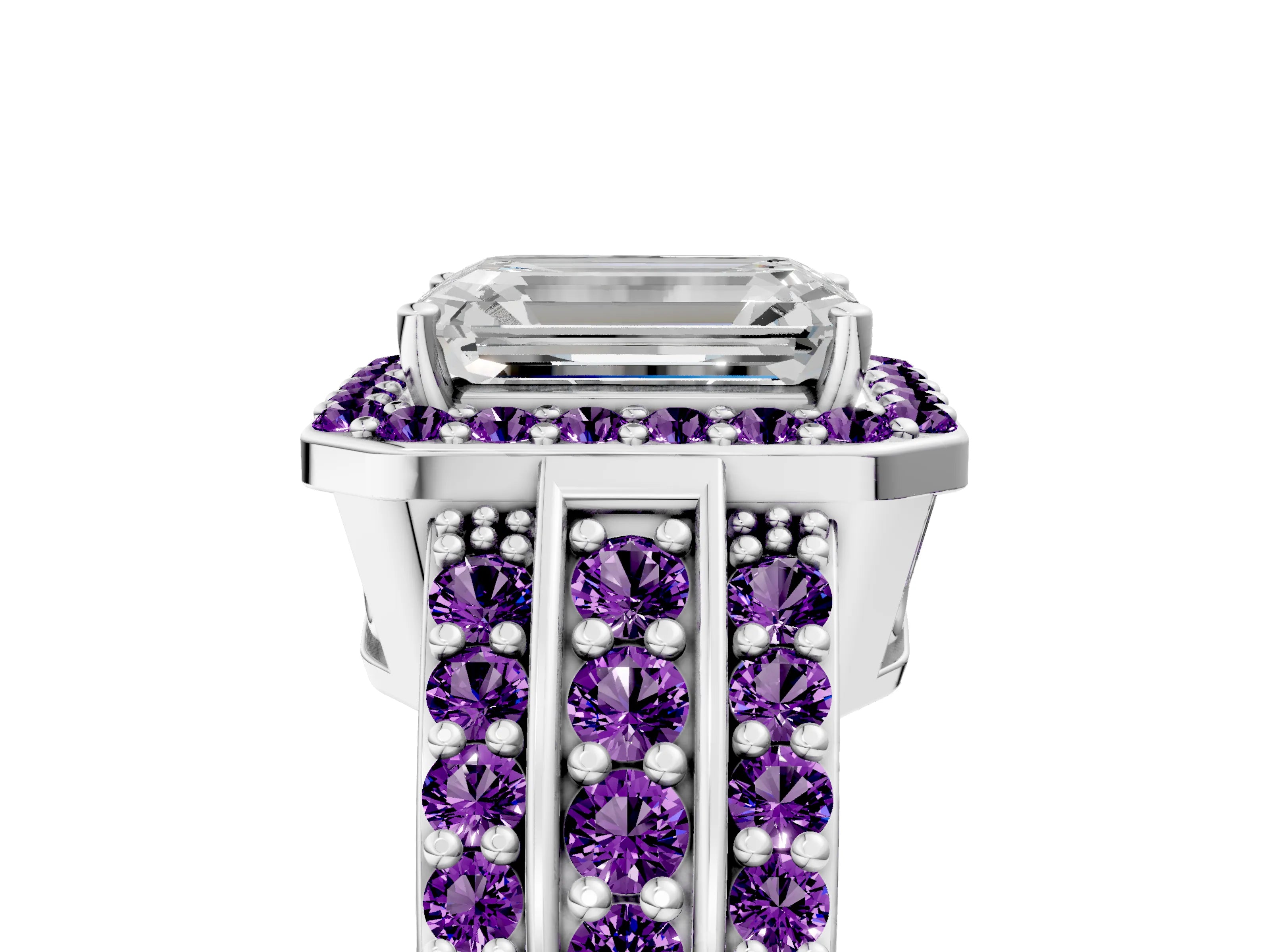 White gold Emerald Cut Halo Diamond Ring with Round with Amethyst side stone Split Shank and Prong Setting_41