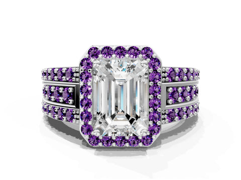 White gold Emerald Cut Halo Diamond Ring with Round with Amethyst side stone Split Shank and Prong Setting_48
