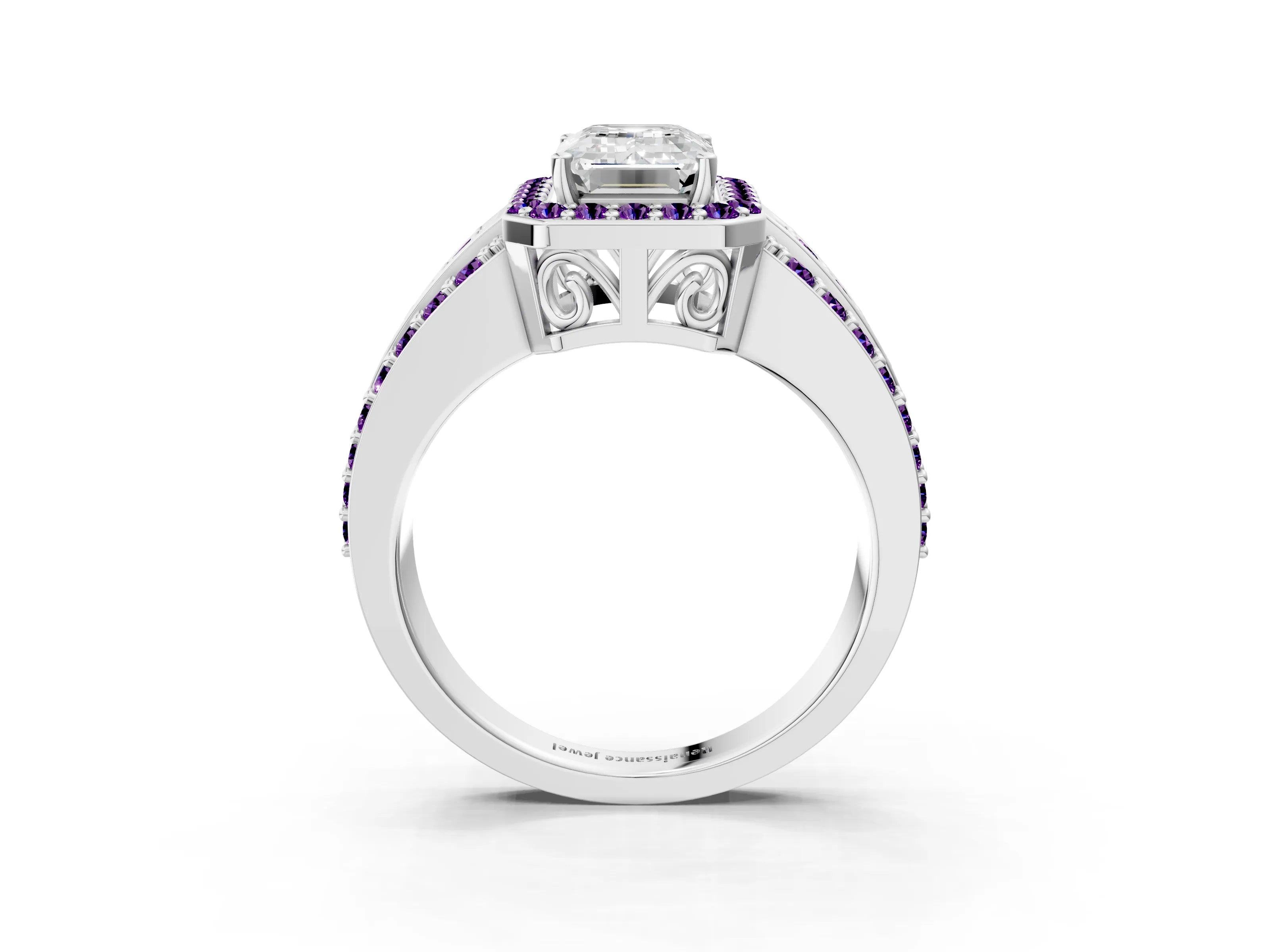 White gold Emerald Cut Halo Diamond Ring with Round with Amethyst side stone Split Shank and Prong Setting_51