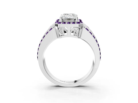 White gold Emerald Cut Halo Diamond Ring with Round with Amethyst side stone Split Shank and Prong Setting_51